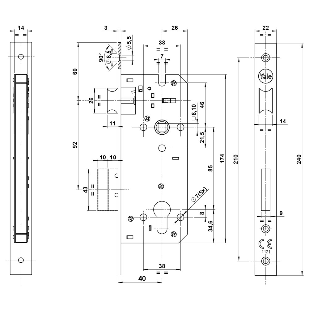 SERRATURA DA INFILARE PER PORTA LEGNO ART. Y52X E40 b.quadro -controp.ottone lucido