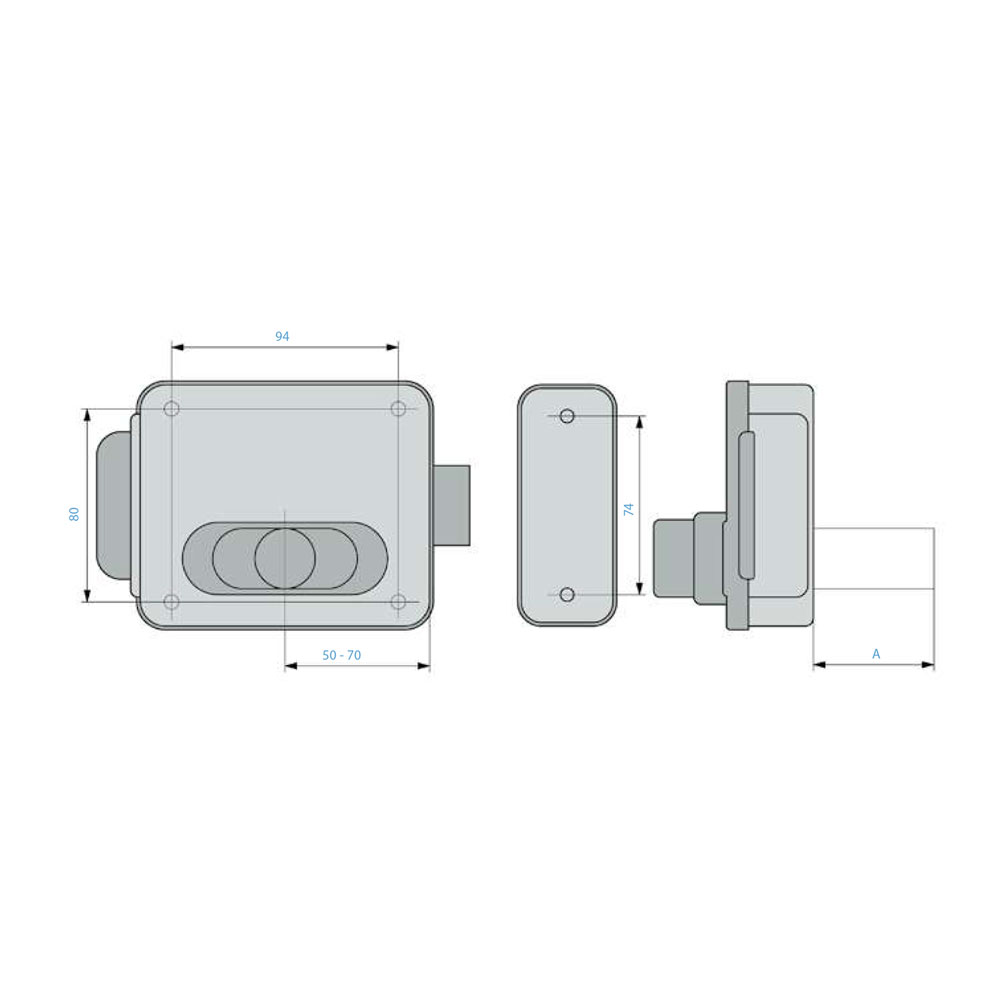 SERRATURA ELETTRICA DA APPLICARE PER CANCELLI 'MULTIPLA' E 50 > 70 cilindro fisso - zincata - Modello: E 50 > 70 cilindro fisso - zincata