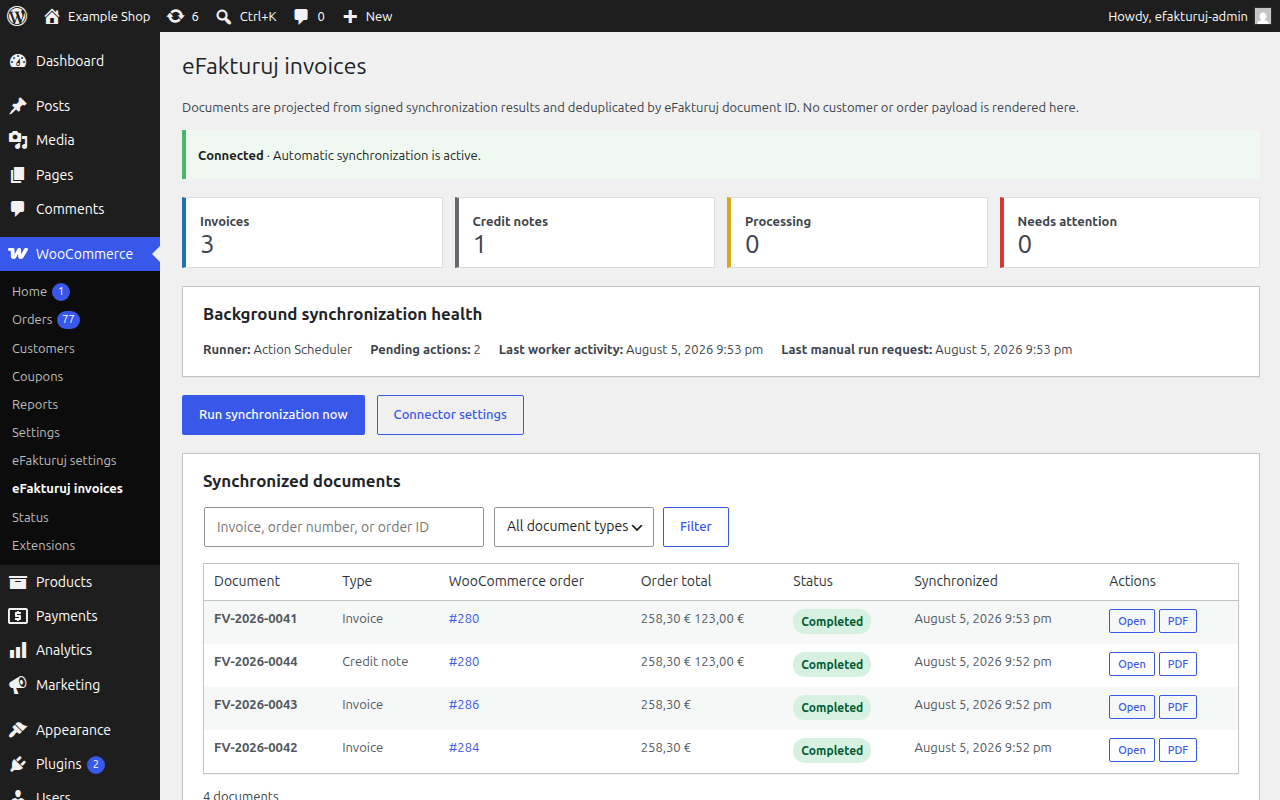 Prehľad eFakturuj invoices v administrácii WooCommerce