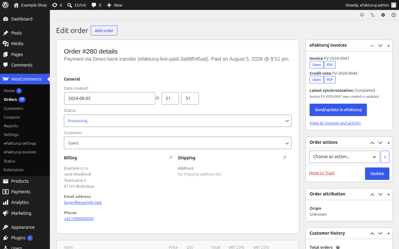 Karta eFakturuj invoices v detaile objednávky WooCommerce