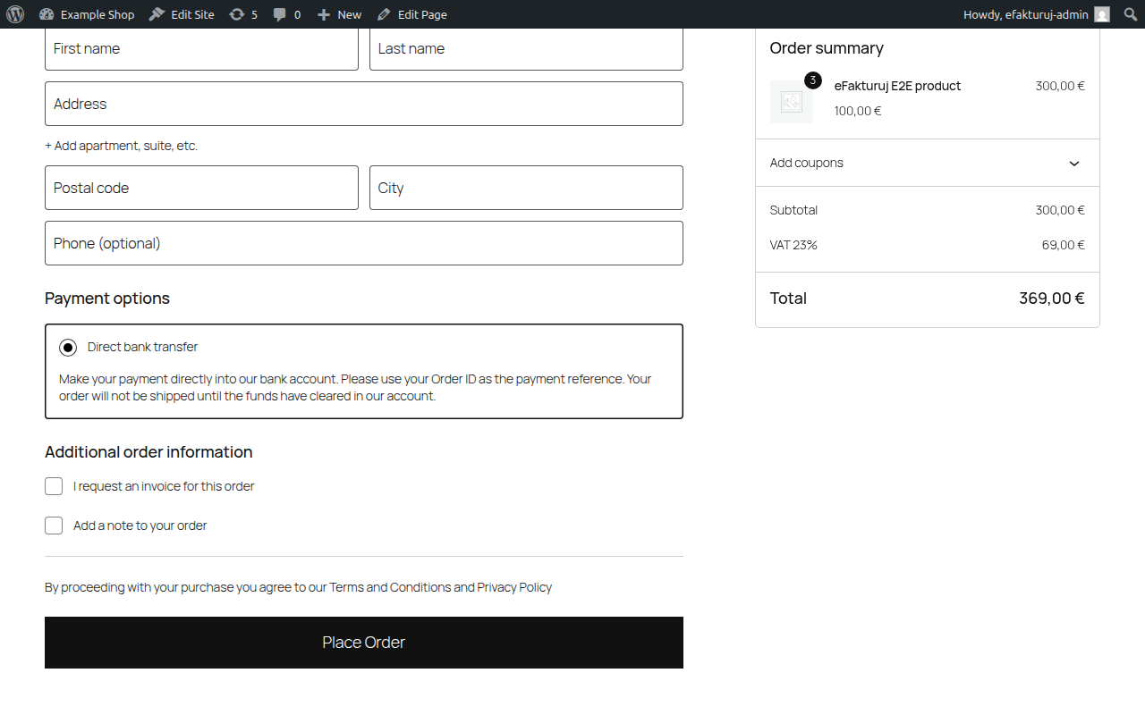 Zaškrtávacie políčko pre vyžiadanie faktúry v pokladni WooCommerce