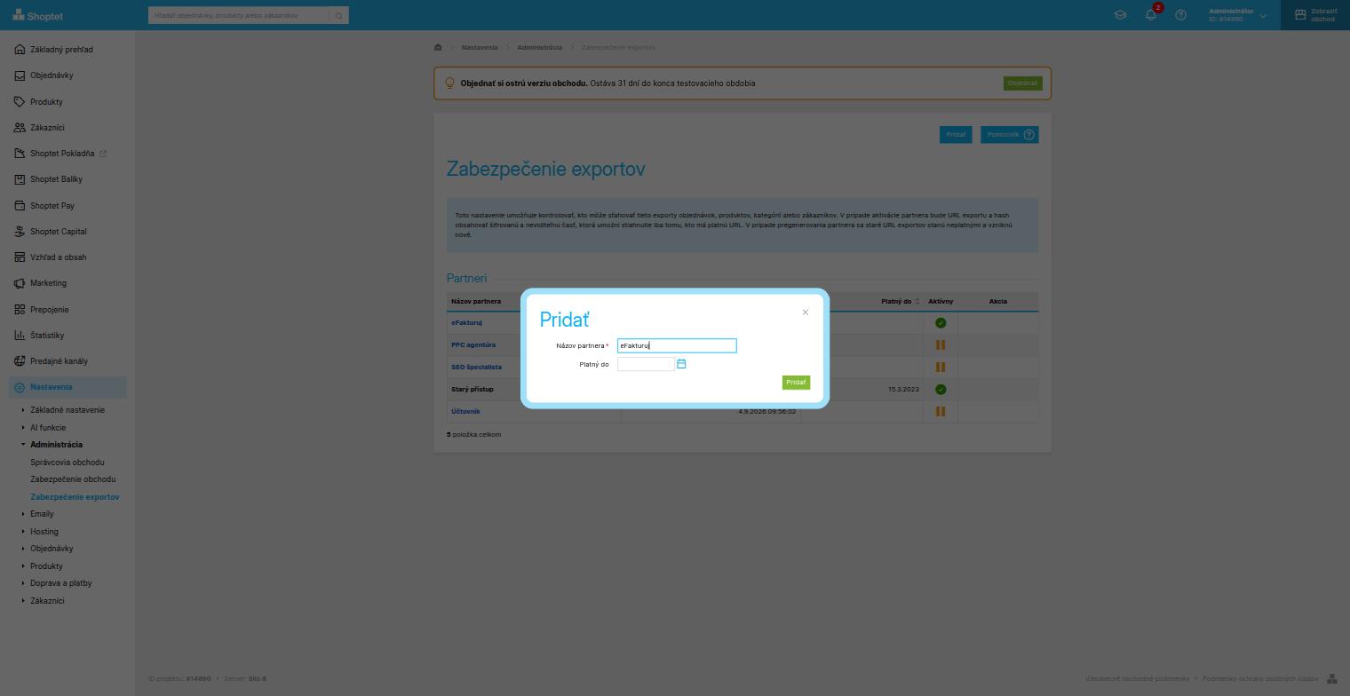 Dialóg Pridať s vyplneným názvom partnera eFakturuj