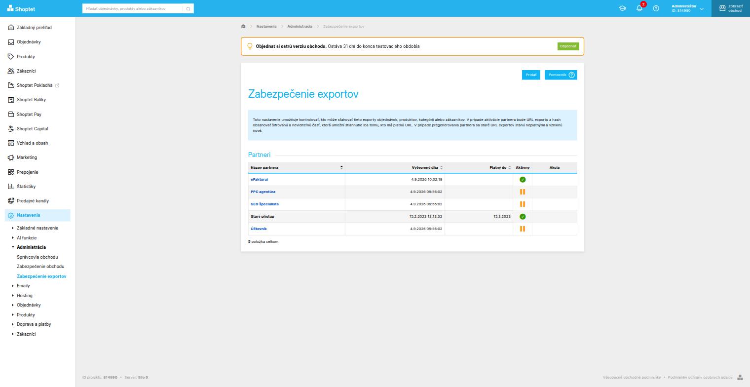 Zoznam partnerov v Zabezpečení exportov, partner eFakturuj je aktívny