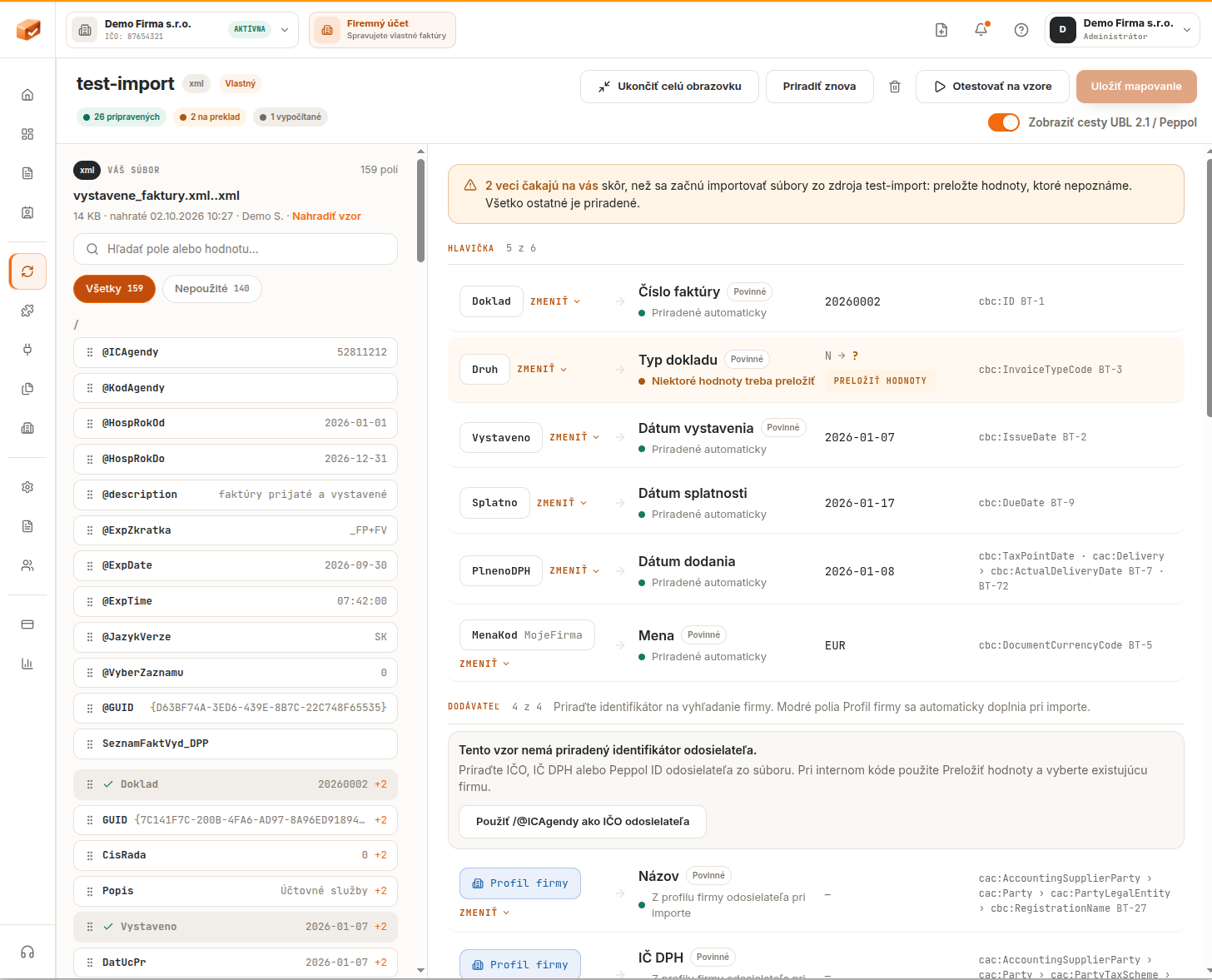 Editor mapovania polí s XML vzorom vľavo, poliami faktúry vpravo a hodnotami čakajúcimi na preklad