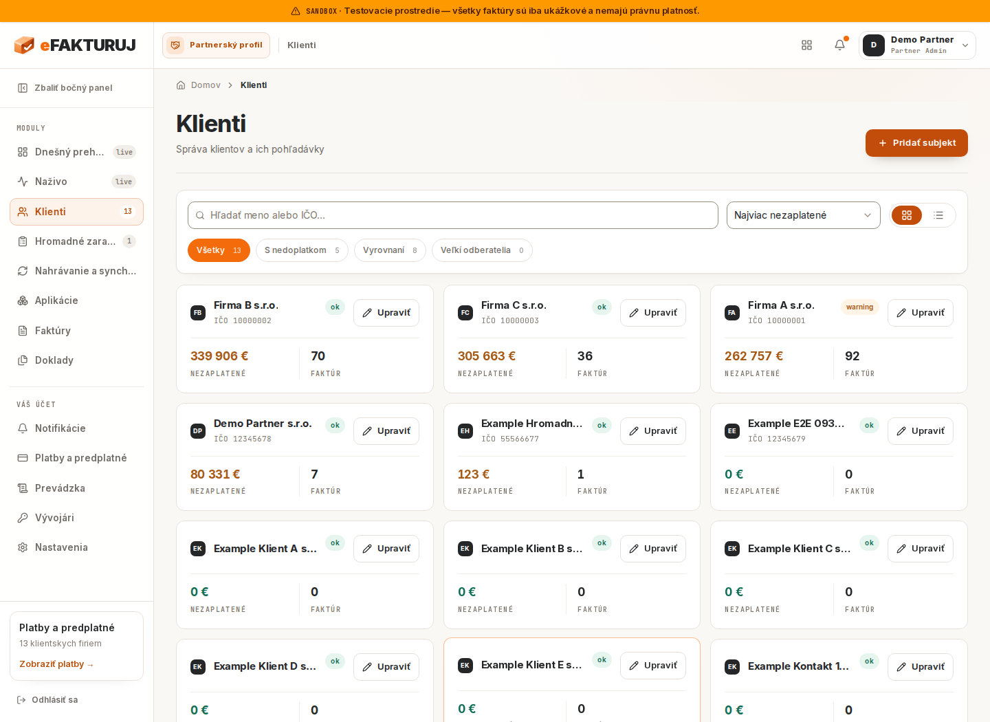 Zoznam klientskych firiem vo verejnom partnerskom deme eFakturuj.
